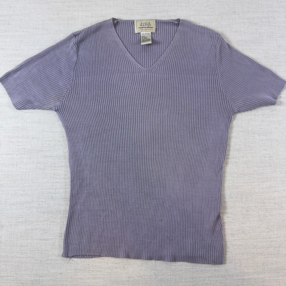 Vintage Field Manor 100% Silk Ribbed V-Neck Short Sleeve Sweater Purple Sz Small